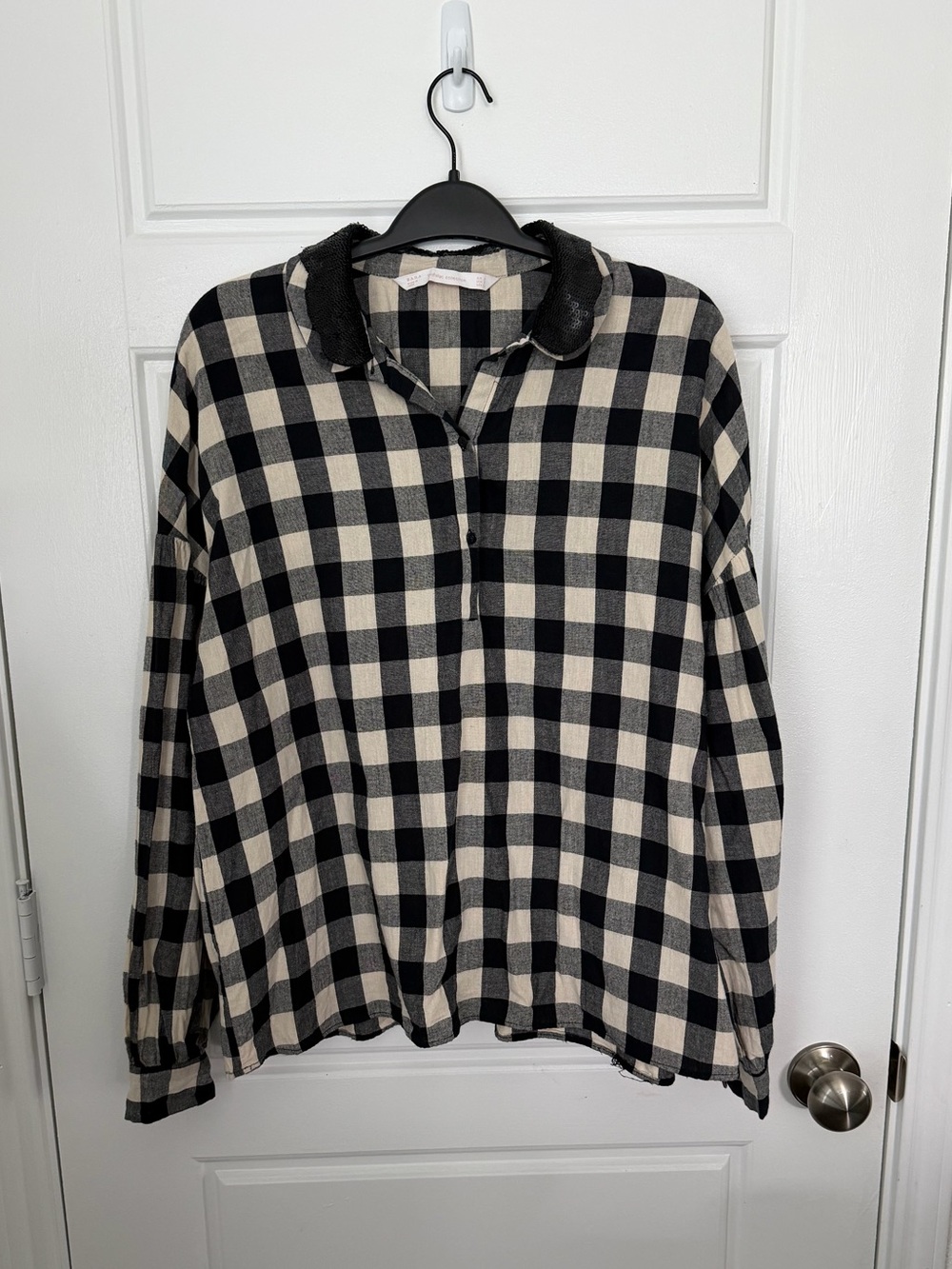 Zara Black and Cream Plaid Long-Sleeve Button-Front Blouse
